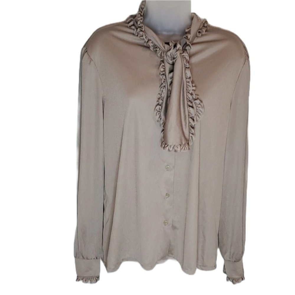 Vintage 70s ACT III Union Made Frilly Ruffle Bow Tie Collar Mauve Top SZ L